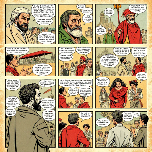 historical figures, diverse cultures, intricate storytelling, vibrant panels, educational narrative, vintage aesthetics, dynamic conversations, cultural landmarks, expressive character design, social movements, intricate backgrounds, detailed linework, bold color palettes, time periods, engaging dialogues, cultural symbolism, narrative depth, evocative storytelling, playful layouts, social history, educational impact