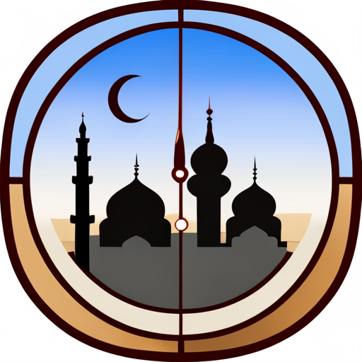 symbolic masjid, rounded border, border shadow, clock, 04:10 time, caption, 7 minutes walking distance