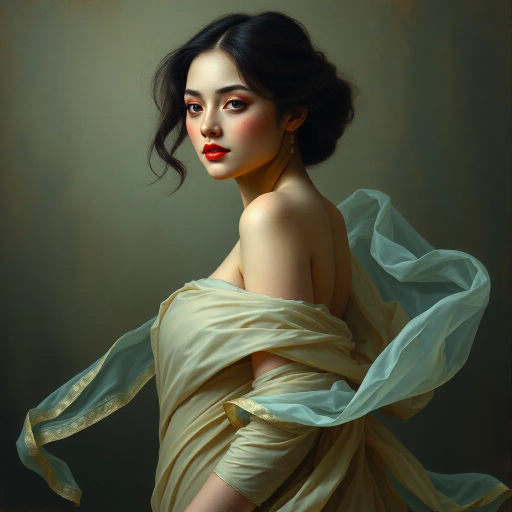 Renaissance, surrealism, ethereal elegance, chiaroscuro lighting, muted pastels, oil paint texture, Botticelli, Dali, delicate translucence, female form, elegance, dreamlike atmosphere, baroque curves, intimate portrait, flowing drapery, softness, timeless allure, serene expression, modern interpretation, cultural fusion, emotive gaze, gentle movement, classic composition, symbolic beauty, illuminated silhouette, harmonious balance, poised stance