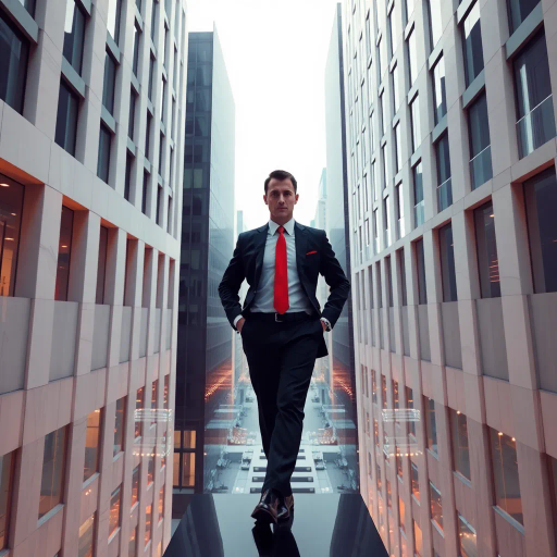 corporate leadership, modern architecture, executive presence, sleek design, dynamic composition, inspired by Andy Warhol and Bauhaus minimalism, emphasis on power and authority, neutral tones contrasted with vivid accents, high-rise perspectives, sharp lines, urban ambiance, technological influence, modernist aesthetics, strong focus on hierarchy and structure, professional environment, innovation, futuristic urban setting, ethereal lighting, clean and polished textures