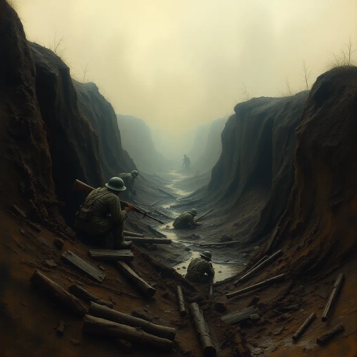 World War I soldiers, hiding, muddy shell hole, mud, trench warfare, dramatic lighting, somber mood, detailed textures, rain-soaked, earth tones, devastation, James McNeill Whistler influence, realism, historical accuracy, period uniforms, earth and grime, tension, fear, close-up perspective, battle scene, immersive atmosphere, Claude Monet's brushwork, contrasting shadows, dark clouds, gritty realism, survival, human struggle, war-torn landscape, muted colors, emotional depth, chiaroscuro, historical narrative, defined lines, Henri Rousseau's surrealism