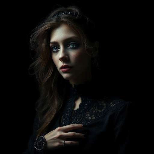 gothic aesthetic, ethereal beauty, chiaroscuro lighting, Tim Burton-inspired, Renaissance echoes, deep shadows, enigmatic expression, muted color palette, dark romanticism, intricate lace patterns, mysterious ambiance, Edgar Allan Poe influence, Victorian fashion, dramatic contrast, haunting allure, surreal elements, atmospheric depth, textured fabrics, moody ambiance, melancholy vibe