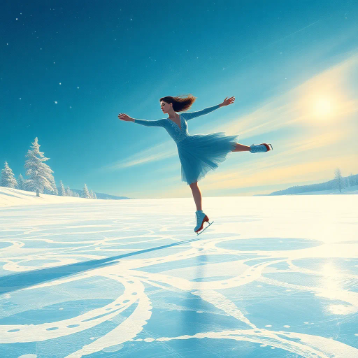 elegance in motion, winter skater, olympic spirit, crystalline ice, dynamic fluidity, ethereal grace, hyper-detailed, blue and silver hues, sparkling frost, dramatic lighting, Edgar Degas influence, elegant choreography, sportsmanship, athletic poise, icy textures, frozen landscape, sweeping panoramas, high speed motion, intricate costumes, reflective surfaces, celebratory atmosphere, geometric patterns, seamless flow, cultural celebration, human form, sleek lines, emotive expressions, giant scale, grand spectacle, movement in silence, abstract impressions