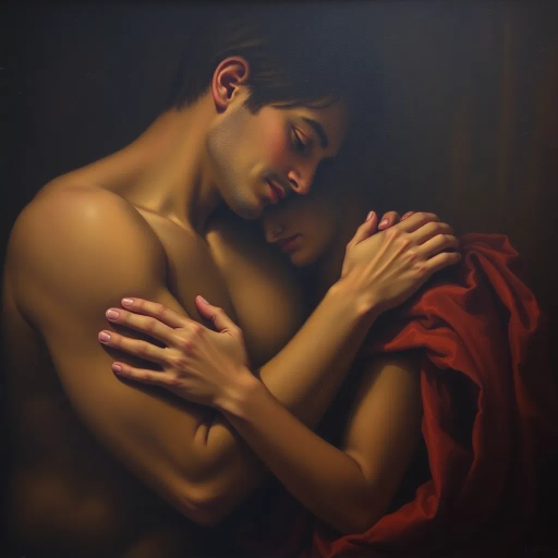 Renaissance, chiaroscuro, intimate composition, warm tones, soft textures, sensuality, emotional depth, timeless beauty, fluid lines, Caravaggio inspired, contrast lighting, evocative mood, intricate detailing, human connection, gentle touch, cultural resonance, classical influences, harmonious balance, emotional warmth