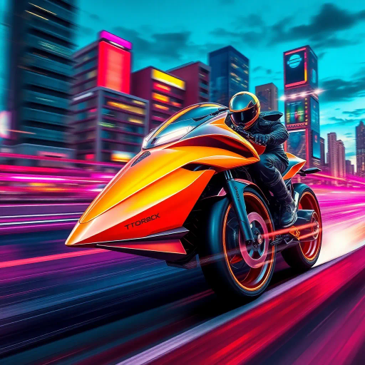 futuristic motorcycle, sleek design, dynamic movement, vibrant neon lighting, retro-futurism aesthetics, Ralph McQuarrie, cyberpunk cityscape, speed and energy, chrome finishes, intricate mechanical details, kinetic composition, bold contrasts, urban night setting, digital rendering techniques, motion blur, concept art, streamlined form, synthetic materials, high contrast shadows, immersive environment, Akira inspiration, Blade Runner ambiance, luminous reflections, electric hues, cutting-edge technology, dusk ambiance, cinematic angles, futuristic metropolis, pulsating vibrancy