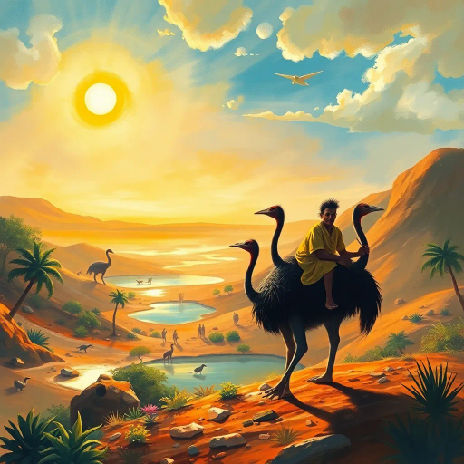 oasis, desert landscape, cassowary riders, surreal journey, Henri Rousseau influence, impressionist brushstrokes, vivid color palette, golden sunlight, mirage effects, dynamic composition, whimsical atmosphere, tropical vegetation, dramatic shadows, expansive horizon, cultural fusion, dreamlike scenario, detailed textures, symbolic fauna, mystic ambiance, imaginative realism, ethereal landscape, adventurous spirits, exotic wildlife, tranquil pools, exploratory perspective, ancient warriors, animal skins, resembling dinosaurs, dramatic light, epic scale, vivid colors, mythological narrative, dynamic movement, prehistoric landscape, tribal culture, intense atmosphere, panoramic view, mystical aura, primal energy, textured surfaces, cinematic framing, untamed wilderness, rich detail