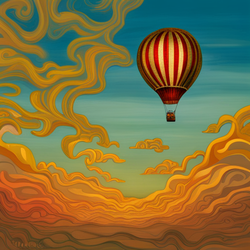 vibrant colors, large scale, dreamlike landscape, whimsical hot air balloon, surreal atmosphere, fantasy elements, imaginative composition, ethereal lighting, fantastical perspective, magical realism, floating sensation, colorful palette, otherworldly adventure