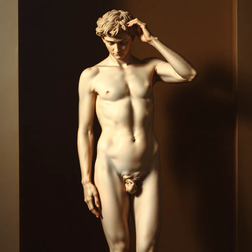 human form, renaissance, chiaroscuro, soft lighting, warm hues, anatomical precision, classical influence, emotional depth, serene expression, form and shadow, Michelangelo, intimate setting, smooth textures, realistic rendering, gentle contrast, artistic elegance, subtle movement, cultural reflection, timeless beauty, spatial depth, intricate details, emotive presentation, harmonious composition, art historical references, captivating pose