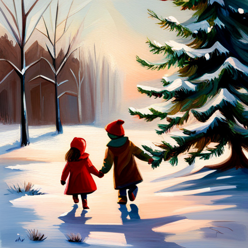 Winter, Children, Christmas Tree, Painting, Vintage, Oil on Canvas, Artistic Composition, Soft Lighting, Cozy Atmosphere, Nostalgic, Traditional Art, Holiday Theme, Precise Brushstrokes, Rich Colors, Detailed Texture, Warm Palette, Timeless, Classic, Romantic, Charming, Playful, Joyful, Cultural References, Large Scale, Traditional Medium, Framed, Naturalistic, Realistic, Winter Landscape