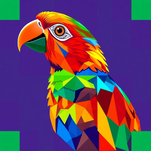 parrot, geometric, Bauhaus influence, vibrant colors, angular forms, abstract expressionism, vivid saturation, geometric abstraction, art deco, dynamic symmetry, bold shapes, modernism, contrasting hues, surrealistic touch, cubist echoes, colorful tessellations, polygonal textures, harmonious balance, mid-century aesthetics, visual rhythm, kaleidoscopic composition, emotional vibrance, contemporary interpretation, intricate detail