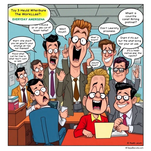 satirical workplace comedy, surreal humor, ensemble cast, bureaucratic chaos, 21st century pop culture, vibrant color palette, exaggerated expressions, dynamic panels, Roy Lichtenstein influences, witty dialogue, mundane office setting, everyday absurdities, overlapping story arcs, exaggerated caricatures, visual puns, contemporary Americana, awkward social interactions, humorous banter, slapstick elements, narrative vignettes, satirical undertones