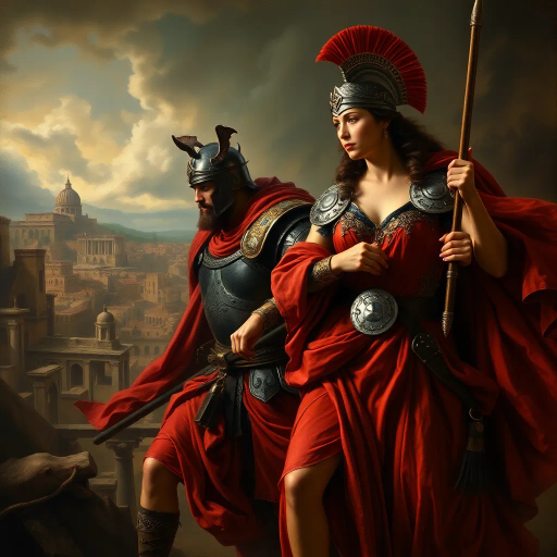 ancient Rome, Sack of Rome 410 CE, Visigothic warrior, Roman lady, dramatic tension, historical narrative, epic composition, chiaroscuro lighting, rich textures, vivid colors, romanticism, classicism, dramatic movement, cultural clash, historical saga, detailed armor, flowing Roman robes, emotional intensity, symbolic imagery, layered composition, heroic scale, classical architecture backdrop, dynamic interactions, historical realism, artistic storytelling, power and grace, clash of civilizations, evocative mood, intricate detailing, timeless conflict, artistic depth, dramatic contrast