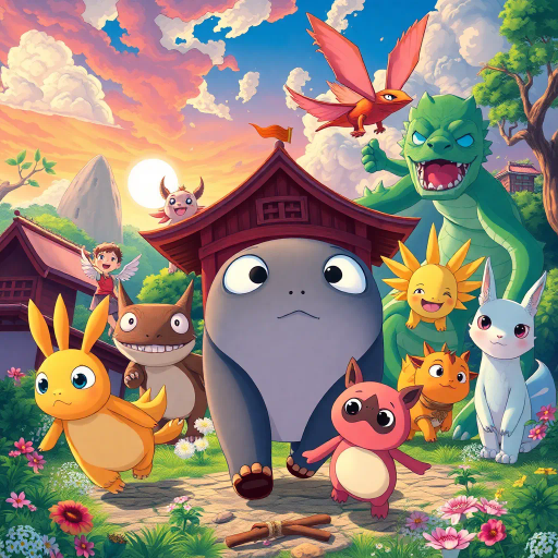 vibrant colors, dynamic composition, Studio Ghibli inspiration, detailed environments, expressive character designs, emotional depth, fantastical themes, cultural motifs, fluid motion, nostalgic atmosphere, distinctive line art, otherworldly settings, intricate detailing, magical realism, retro-futuristic elements, storytelling focus, character-driven narrative, visual storytelling, imaginative landscapes, enchanting creatures