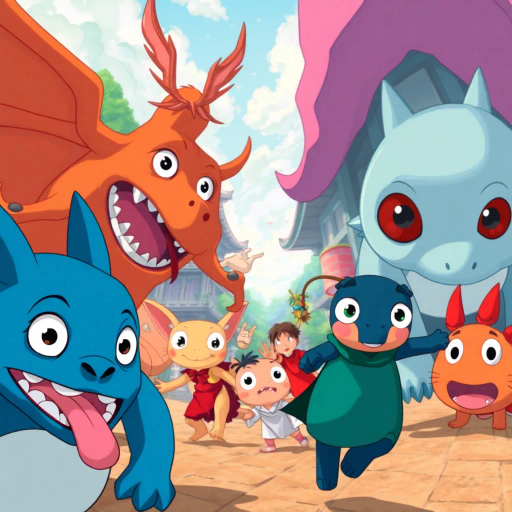 vibrant colors, dynamic composition, Studio Ghibli inspiration, detailed environments, expressive character designs, emotional depth, fantastical themes, cultural motifs, fluid motion, nostalgic atmosphere, distinctive line art, otherworldly settings, intricate detailing, magical realism, retro-futuristic elements, storytelling focus, character-driven narrative, visual storytelling, imaginative landscapes, enchanting creatures