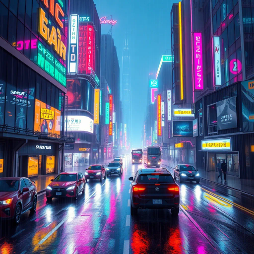 futuristic metropolis, neon lights, electric hues, Blade Runner aesthetic, cybernetic organisms, high-tech dystopia, glowing circuitry, sci-fi architecture, neon signs, digital rain, technological utopia, vibrant urban landscape, cyberpunk culture, immersive virtual realities, intricate details, dynamic composition, kinetic energy, holographic displays, dystopian society, neon glow, atmospheric ambiance, bustling streets, dark neon, avant-garde fashion, cyberspace elements