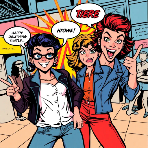 sassy pose, dynamic expression, vibrant colors, pop art influences, comic panels, exaggerated features, bold lines, Roy Lichtenstein style, playful interaction, contemporary setting, dialogue bubbles, expressive gestures, retro influences, intense contrast, whimsical mood, gestural lines, urban fashion, graphic novel aesthetics, humor, storytelling, youthful energy