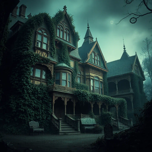 abandoned Victorian mansion, overgrown ivy, intricate woodwork, dark and moody, gothic architecture, muted earth tones, dramatic lighting, misty atmosphere, surrealism, decay, Tim Burton influence, cobweb textures, hidden mysteries, eerie stillness, romantic ruin, shadows and highlights, Victorian era, antique furniture, faded opulence, storytelling, melancholic nostalgia, high detail, soft brushstrokes, atmospheric depth, dilapidated elegance, mystery and allure, historical aura, vintage charm, shadows, highlights, fantasy, moody lighting, dramatic composition, opulent decay, ethereal atmosphere, detailed textures, 19th-century influences, romantic decay, dreamlike elements, cinematic mood, mysterious narrative