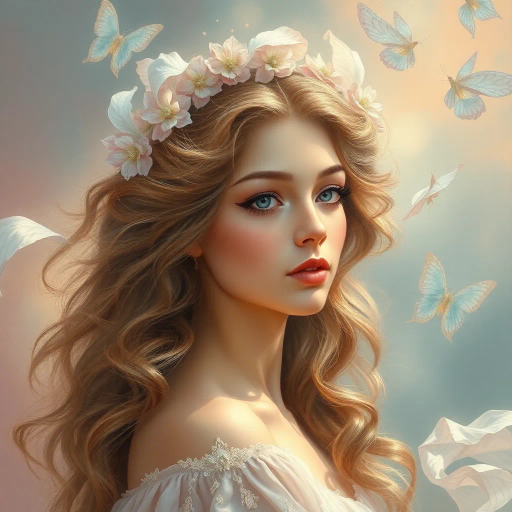 ethereal beauty, youthful elegance, enchanting allure, Pre-Raphaelite influence, soft lighting, pastel tones, intricate details, flowing textures, mystic aura, dreamlike atmosphere, timeless beauty, romantic era, delicate brushstrokes, vibrant contrast, serene ambiance, whimsical essence, art nouveau touches, smooth gradients, gentle curves, harmonious balance, visual poetry, emotional depth, storytelling