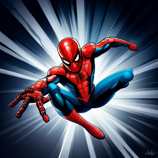 ghostspider, spiderman, superhero, Marvel, comic, illustration, action, dynamic, vibrant colors, web-slinging, arachnid, agility