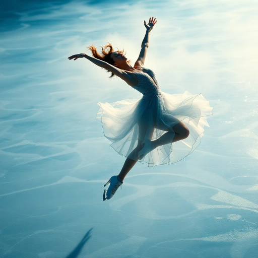 graceful figure skater, gliding across icy surface, winter chill, olympic spirit, dynamic movement, serene concentration, elegant pose, flowing ice, misty breath, ethereal lighting, dramatic shadows, crystalline textures, contemporary style, precision artistry, inspired by Degas and Mucha, soft blue and white palette, delicate balance, rhythmic motion, emotional resonance, global unity, panoramic perspective, intricately detailed, harmonious composition, captivating grace, spirit of competition