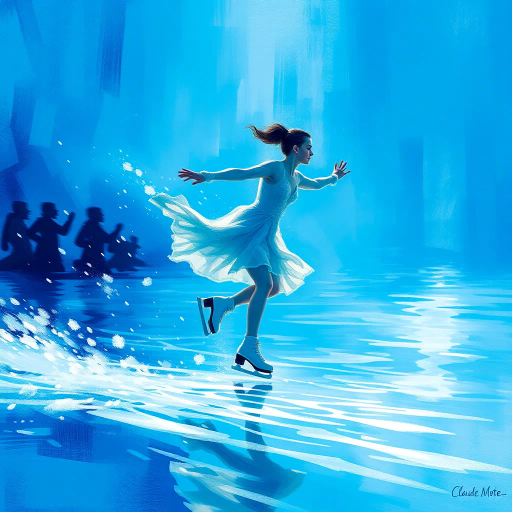 winter landscape, graceful skater, Olympic competition, dynamic motion, surreal elegance, glistening ice, dramatic lighting, vibrant colors, fluid movement, delicate balance, modern artistry, celebratory atmosphere, sportsmanship, international influence, precise technique, Alexander Calder inspiration, futuristic design, cold palette, geometric patterns, sweeping lines, epic scale, abstract realism, vivid textures, harmonious composition