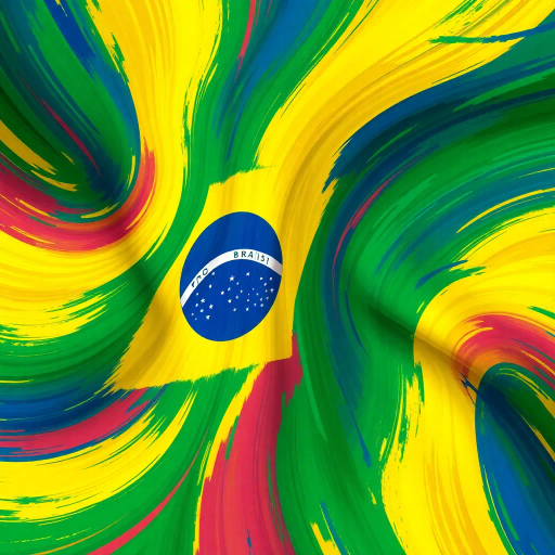 vibrant Brazilian flag, swirling colors, dynamic movement, tropical influences, modern digital techniques, vivid greens, deep yellows, royal blues, abstract expressionism, colorful splashes, textured layering, cultural richness, iconic symbolism, national pride, rhythmic patterns, energetic composition, oval forms, contemporary interpretation, lively atmosphere, digital brushstrokes, experimental canvas, immersive scale, seamless blend, harmony and unity, historical resonance, artistic celebration