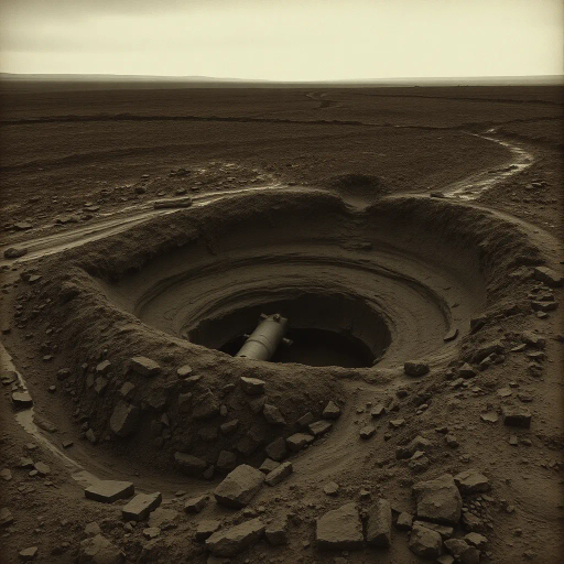 world war i, muddy landscape, shell hole, crater, wet earth, contrasting textures, somber mood, muted colors, rich soil, ripples in water, silent echoes, early 20th century, historical context, emotional weight, desolation, battlefield remnants, dramatic lighting, overcast sky, melancholy atmosphere, realistic depiction, depth and perspective, rugged terrain, Antoine de Saint-Exupéry influence, historical symbolism, vast open space, natural irregularity, memory of conflict