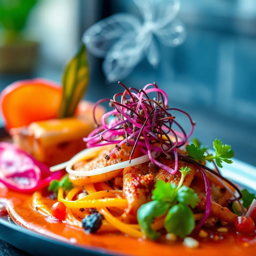 hyper-realistic, culinary artistry, vibrant color palette, exquisite detail, natural lighting, gourmet presentation, intricate textures, lush ingredients, culinary elegance, food styling, tantalizing composition, gastronomic delicacy, modern cuisine, masterful technique, elevated presentation, emotive flavors, rich tones, sensory appeal, visual feast, contemporary realism, nuanced lighting, exquisite craftsmanship, culinary imagination, sumptuous dish, dining experience