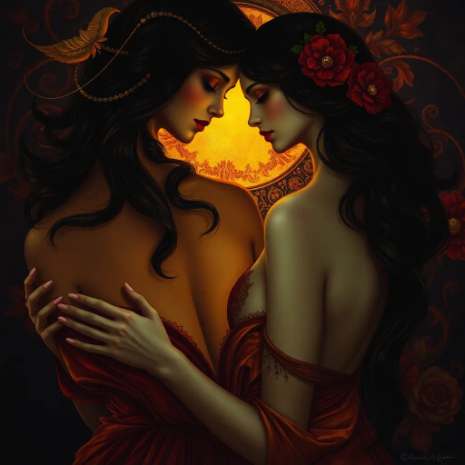 seductive allure, vibrant colors, ethereal lighting, Art Nouveau influence, dramatic curves, soft textures, sensuality, Gustav Klimt inspiration, flowing forms, luxurious detail, romantic mood, intimate ambiance, chiaroscuro, expressive movement, visual poetry, surreal elements, captivating gaze, rich fabric, elegant composition, timeless appeal, fluid lines, emotional depth