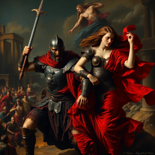 ancient Rome, Sack of Rome 410 CE, Visigothic warrior, Roman lady, dramatic tension, historical narrative, epic composition, chiaroscuro lighting, rich textures, vivid colors, romanticism, classicism, dramatic movement, cultural clash, historical saga, detailed armor, flowing Roman robes, emotional intensity, symbolic imagery, layered composition, heroic scale, classical architecture backdrop, dynamic interactions, historical realism, artistic storytelling, power and grace, clash of civilizations, evocative mood, intricate detailing, timeless conflict, artistic depth, dramatic contrast