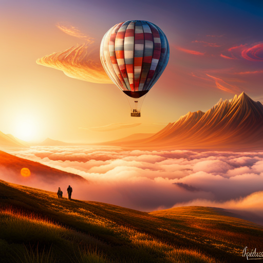 vibrant colors, large scale, dreamlike landscape, whimsical hot air balloon, surreal atmosphere, fantasy elements, imaginative composition, ethereal lighting, fantastical perspective, magical realism, floating sensation, colorful palette, otherworldly adventure