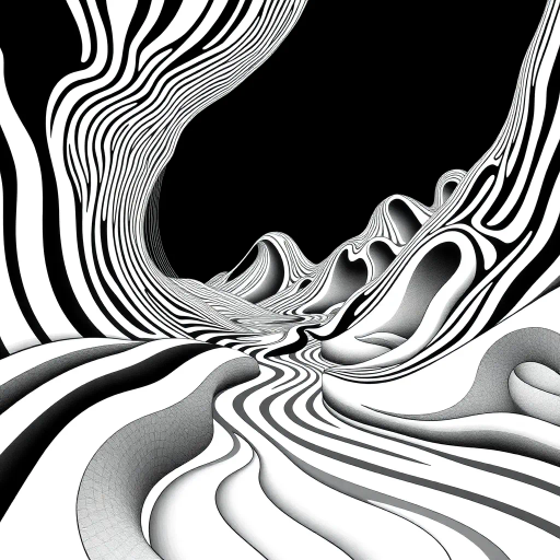 geometric shapes, intricate patterns, flowing lines, minimalist design, abstract expression, monochrome palette, dynamic movement, M.C. Escher influence, precise detailing, linear perspective, conceptual exploration, visual harmony, contour emphasis, spatial depth, contemporary influence, surreal geometry, optical illusion, mathematical artistry, avant-garde composition, abstract forms, pen and ink medium, black and white contrast, intersecting lines, detailed tessellation, fluid dynamics, rhythmic patterns, creative geometry, fine linework, subtle gradients, modern abstraction, artistic innovation, interlocking forms, infinite loops, Escherian landscapes, artistic paradox