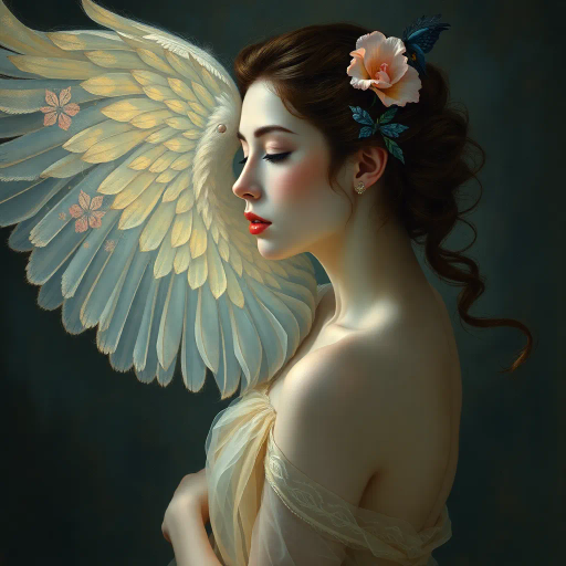 ethereal beauty, renaissance inspiration, dramatic lighting, chiaroscuro, delicate form, impressionistic touches, Gustav Klimt, soft pastels, flowing lines, timeless elegance, Art Nouveau influence, subtle textures, harmonious composition, emotional depth, sensual grace, intricate detail, dreamlike atmosphere, serene expression, gentle movement, classic pose