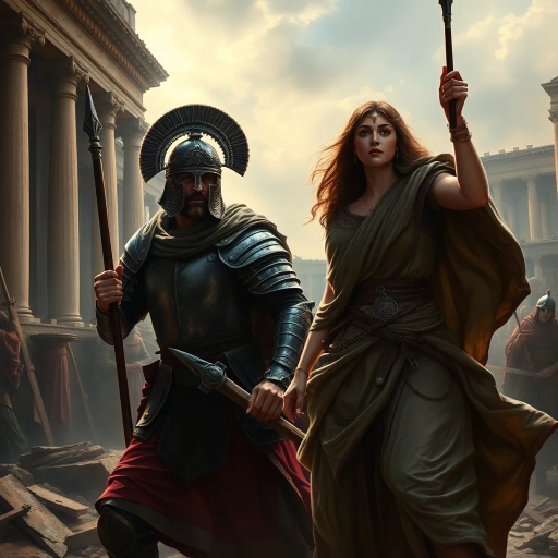 ancient Rome, Sack of Rome 410 CE, Visigothic warrior, Roman lady, dramatic tension, historical narrative, epic composition, chiaroscuro lighting, rich textures, vivid colors, romanticism, classicism, dramatic movement, cultural clash, historical saga, detailed armor, flowing Roman robes, emotional intensity, symbolic imagery, layered composition, heroic scale, classical architecture backdrop, dynamic interactions, historical realism, artistic storytelling, power and grace, clash of civilizations, evocative mood, intricate detailing, timeless conflict, artistic depth, dramatic contrast