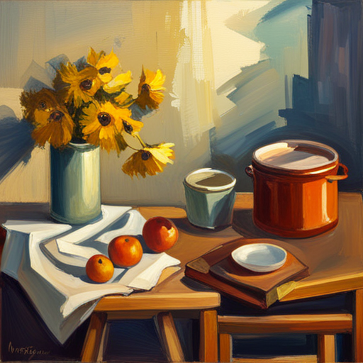 vintage, oil painting, classical, Renaissance, chiaroscuro, warm colors, impasto, brushwork, still life, nostalgia, traditional, aged, texture, patina, masterful technique, old-world charm, rich pigments, luscious brushstrokes, time-honored craftsmanship, antiquity