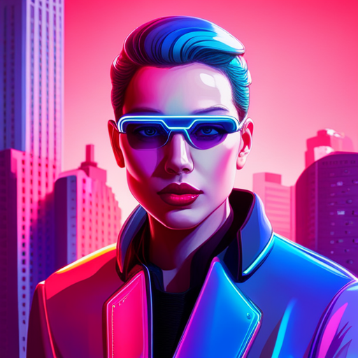 neon, vibrant, futuristic, cyborg, artificial intelligence, technology, magazine, 3D-rendering, holographic, augmented reality, digital, sleek, minimalistic, data visualisation, cybernetics