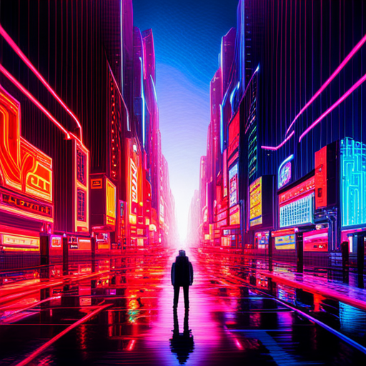 surrealism, glitch art, electric intensity, arcade machines, cyberpunk, virtual reality, 3D animation, megastructures, chaos, rhythmical patterns, psychedelic colors, futuristic textures, digital sparks, neon lights, pixelated explosions