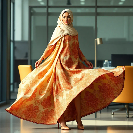Arab woman, elegant hijab, professional setting, modern workplace, high heels, Middle Eastern culture, contemporary art, intricate patterns, vibrant colors, soft lighting, dynamic pose, cultural expression, delicate fabrics, office environment, confident demeanor, sophisticated fashion, grace and poise, diverse representation, cultural fusion, empowerment, modernism, Impressionism influences, human form, balance and harmony, Henri Matisse, modern elegance, intricate textile patterns, vibrant aesthetic, global influence, artistic expression, dignity and strength, atmospheric composition, elegant lines, harmonious palette, seamless integration, modern artistry
