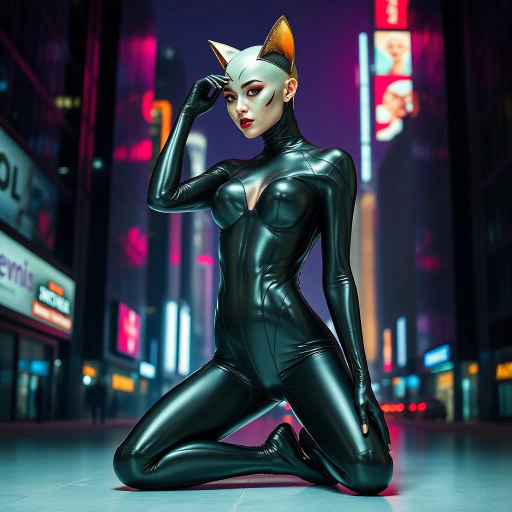 sleek catsuit design, high fashion, futuristic elements, vibrant neon lighting, dynamic pose, bold composition, metallic textures, sci-fi influence, Joan Miró inspiration, night cityscape, cyberpunk aesthetics, mysterious mood, playful elegance, abstract forms, intricate detailing, avant-garde style, fluid movements, bold color contrasts, surreal presentation, depth and layering, unconventional materials, reflections and shadows, elegant silhouette, imaginative realm, Salvador Dali, dreamlike atmosphere, geometric precision, fluid dynamics, visual storytelling, abstract surrealism, enigmatic expressions, ethereal glow, kaleidoscopic patterns, reflective surfaces, overlapping dimensions, contrasting hues, multidimensional perspective, spatial depth, imaginative narrative