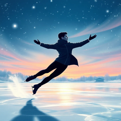 winter landscape, graceful skater, Olympic competition, dynamic motion, surreal elegance, glistening ice, dramatic lighting, vibrant colors, fluid movement, delicate balance, modern artistry, celebratory atmosphere, sportsmanship, international influence, precise technique, Alexander Calder inspiration, futuristic design, cold palette, geometric patterns, sweeping lines, epic scale, abstract realism, vivid textures, harmonious composition