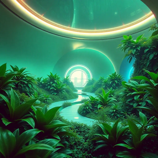 futuristic utopia, 2000s nostalgia, vibrant hues, glossy textures, lush greenery, botanical abundance, retro-futurism, blue and green palette, ecological harmony, smooth surfaces, reflective materials, soft gradients, hyper-realistic landscapes, Claude Lorrain influence, immersive environment, ethereal lighting, sprawling cityscapes, verdant parks, organic architecture, serene atmosphere, visionary aesthetics, dynamic compositions, interplay of nature and technology, fluid shapes, harmonious coexistence, evocative serenity, sustainable vision
