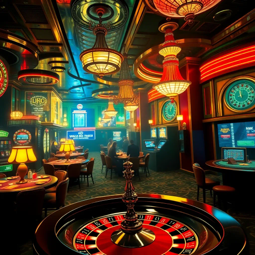 casino ambience, realism, vibrant colors, intricate details, neon lights, Edward Hopper influence, chiaroscuro lighting, luxurious interiors, Art Deco, lively atmosphere, dynamic composition, reflections, high stakes, gambling elements, rich textures, opulent materials, card games, roulette wheel, perspective depth, dramatic tension, immersive experience, cinematic framing, atmospheric mood