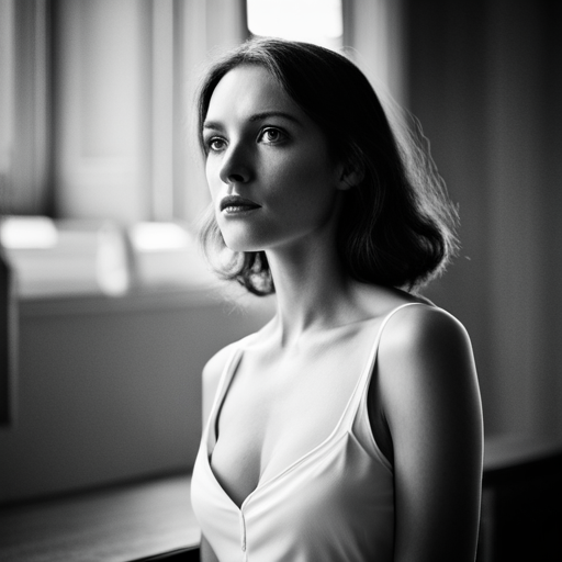 feminine strength, gracefulness, portrait, black and white, soft lighting, emotional expression, beauty, contemporary, delicate features, monochrome, dramatic shadows, timeless elegance, chiaroscuro, Renaissance influence, ethereal mood