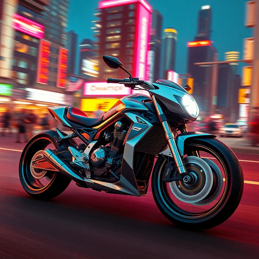 futuristic motorcycle, sleek design, dynamic movement, vibrant neon lighting, retro-futurism aesthetics, Ralph McQuarrie, cyberpunk cityscape, speed and energy, chrome finishes, intricate mechanical details, kinetic composition, bold contrasts, urban night setting, digital rendering techniques, motion blur, concept art, streamlined form, synthetic materials, high contrast shadows, immersive environment, Akira inspiration, Blade Runner ambiance, luminous reflections, electric hues, cutting-edge technology, dusk ambiance, cinematic angles, futuristic metropolis, pulsating vibrancy