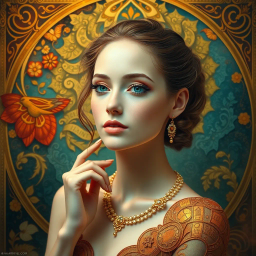 elegant young woman, ethereal beauty, vibrant colors, soft lighting, serene expression, elaborate background, Art Nouveau influences, flowing lines, intricate details, fantasy elements, Gustav Klimt inspiration, dreamlike atmosphere, harmonious composition, delicate textures, golden hues, whimsical charm, dramatic framing, spiritual undertones, surreal essence, elegant attire