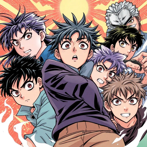 dynamic characters, intricate costumes, vibrant energy, vivid emotion, bold lines, expressive eyes, dramatic angles, energy bursts, vibrant colors, stylized action, cultural references, fantastical elements, modern storytelling, fluid motion, intense drama, character evolution, narrative depth, vibrant landscapes, animated world, stylistic exaggeration, Manga influences, deep shadows, contrasting tones, dynamic composition