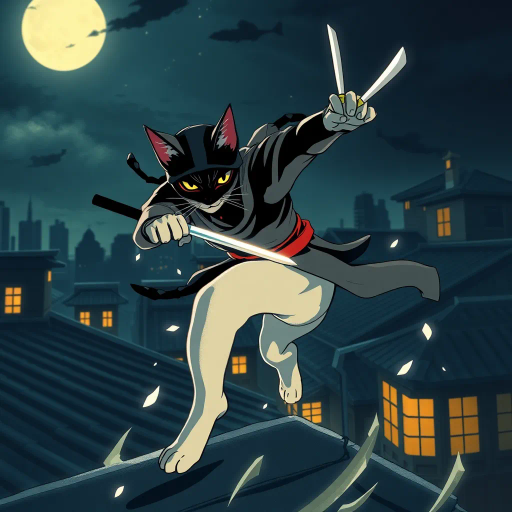 dynamic feline warrior, acrobatic motion, nocturnal adventure, Japanese ukiyo-e influence, moonlit rooftops, shadow and light contrast, surreal expression, stylized elegance, vibrant energy, precise linework, Edo period ambiance, swift movement, dramatic perspective, urban landscape, atmospheric tension, mysterious aura, textured fur detail, masterful agility, cultural richness, narrative depth, focused gaze, balanced composition, fluid grace