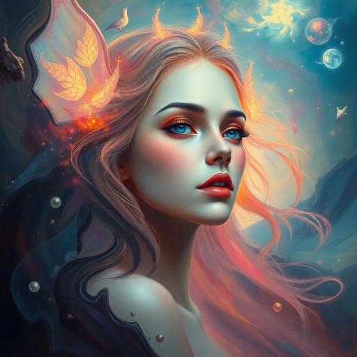 ethereal maiden, surreal ambiance, ethereal glow, delicate features, romanticism, art nouveau, vibrant pastels, luminescent lighting, whimsical dreamscape, serene expression, flowing gown, intricate lace patterns, Gabriel Rossetti, lush landscapes, transcendental aura, harmonious composition, enchanted forest, soft brushstrokes, timeless elegance, ethereal presence