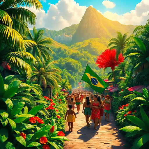 tropical paradise, vibrant rainforest, Rio Carnival, Brazilian culture, Jorge Selarón, Carmen Miranda, exuberant colors, lush vegetation, dynamic samba dancers, vivid patterns, Amazon River, exotic wildlife, modern architecture, indigenous art, celebratory mood, Afro-Brazilian heritage, vibrant street scenes, bold compositions, fluid movement, warmth and energy, sunlit landscapes, urban diversity, festive atmosphere, contemporary influences, chromatic brilliance