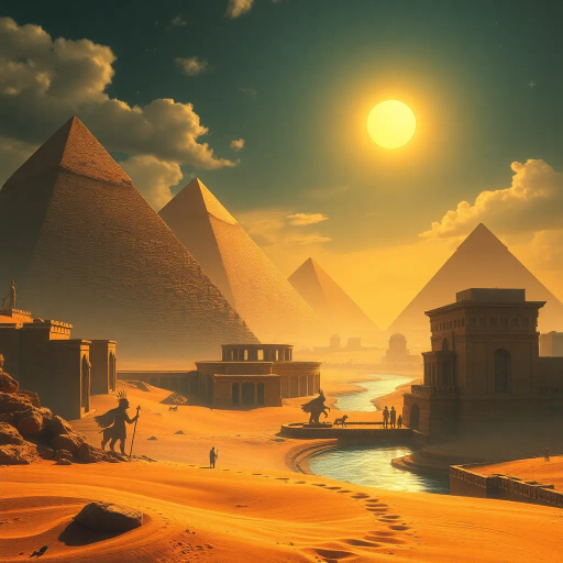 ancient Egypt, pharaoh, mystical, desert landscape, golden sands, pyramids in distance, hieroglyphics, intricate detail, vibrant hues, rich color palette, surreal lighting, magic, sphinx, sun-kissed stone, timeless, divine symbolism, echoes of history, mystical atmosphere, intricate patterns, divine geometry, cultural heritage, mythological essence, spiritual aura, timeless architecture, ancient civilization, ceremonial, ethereal glow, divine presence, artistic grandeur, desert mystique, historical reverence, legendary tales
